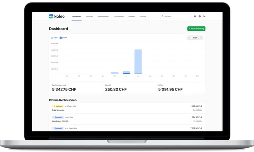 Mit koleo erstellen und verwalten Freelancer und KMUs in der Schweiz ihre Rechnungen einfach und professionell. Unser Tool optimiert Ihre Geschäftsprozesse durch vielfältige, effiziente Funktionen.
