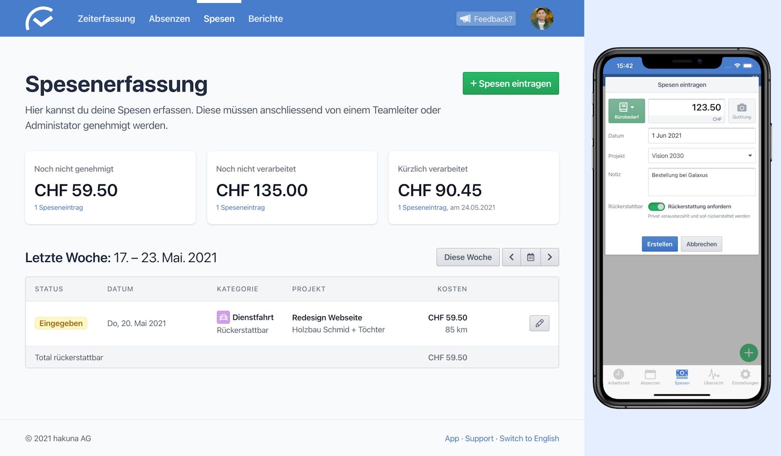 Die Erfassung der Spesen kann wie gewohnt am Computer oder per Smartphone erfolgen.