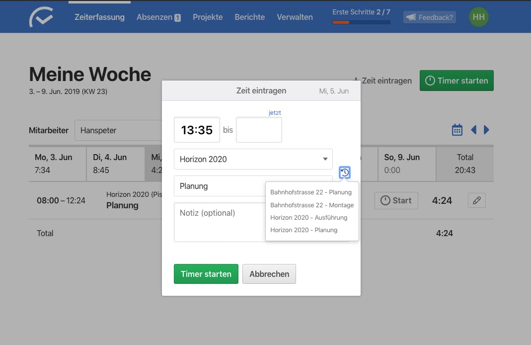 Zuvor verwendete Projekte/Tätigkeiten können bequem ausgewählt werden.