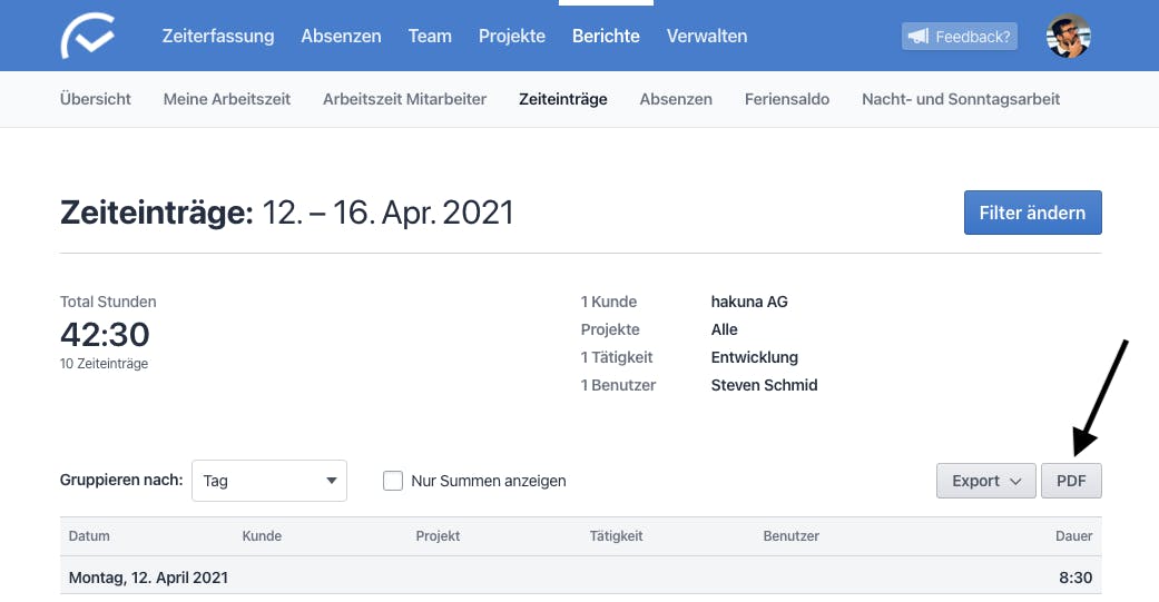 Mit einem Knopfdruck wird die PDF-Ansicht des aktuellen Berichts generiert.