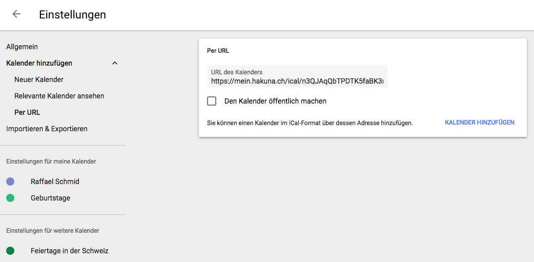 Dann fügst du den Link aus deinem Zwischenspeicher in "URL des Kalenders" ein und klickst auf "Kalender hinzufügen".