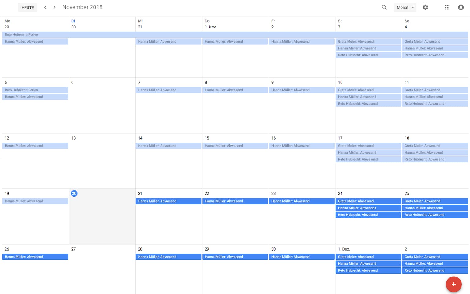 Nach ein paar Minuten werden dir die Absenzen deiner Kollegen im Kalender angezeigt.