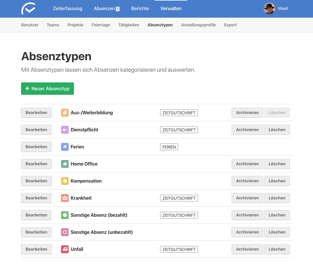 Neue Verwaltung von Absenztypen