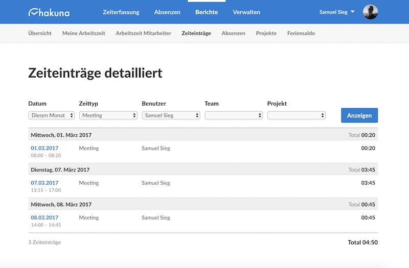 Neuer Bericht "Zeiteinträge"