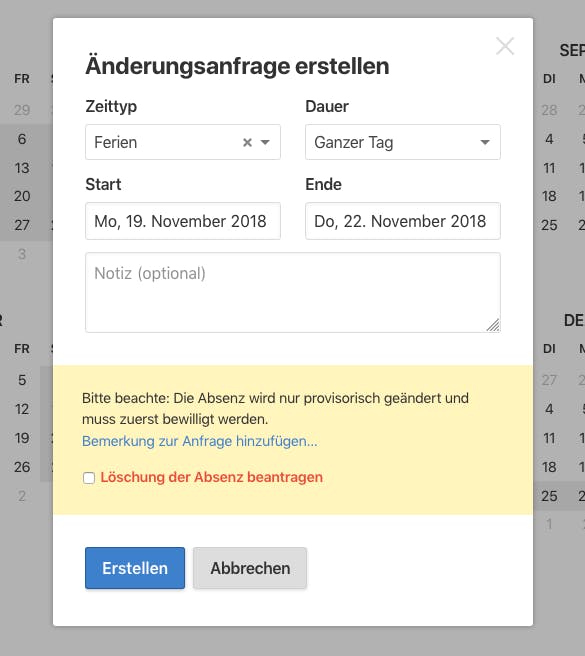 Bestehende Absenzen lassen sich neu bearbeiten