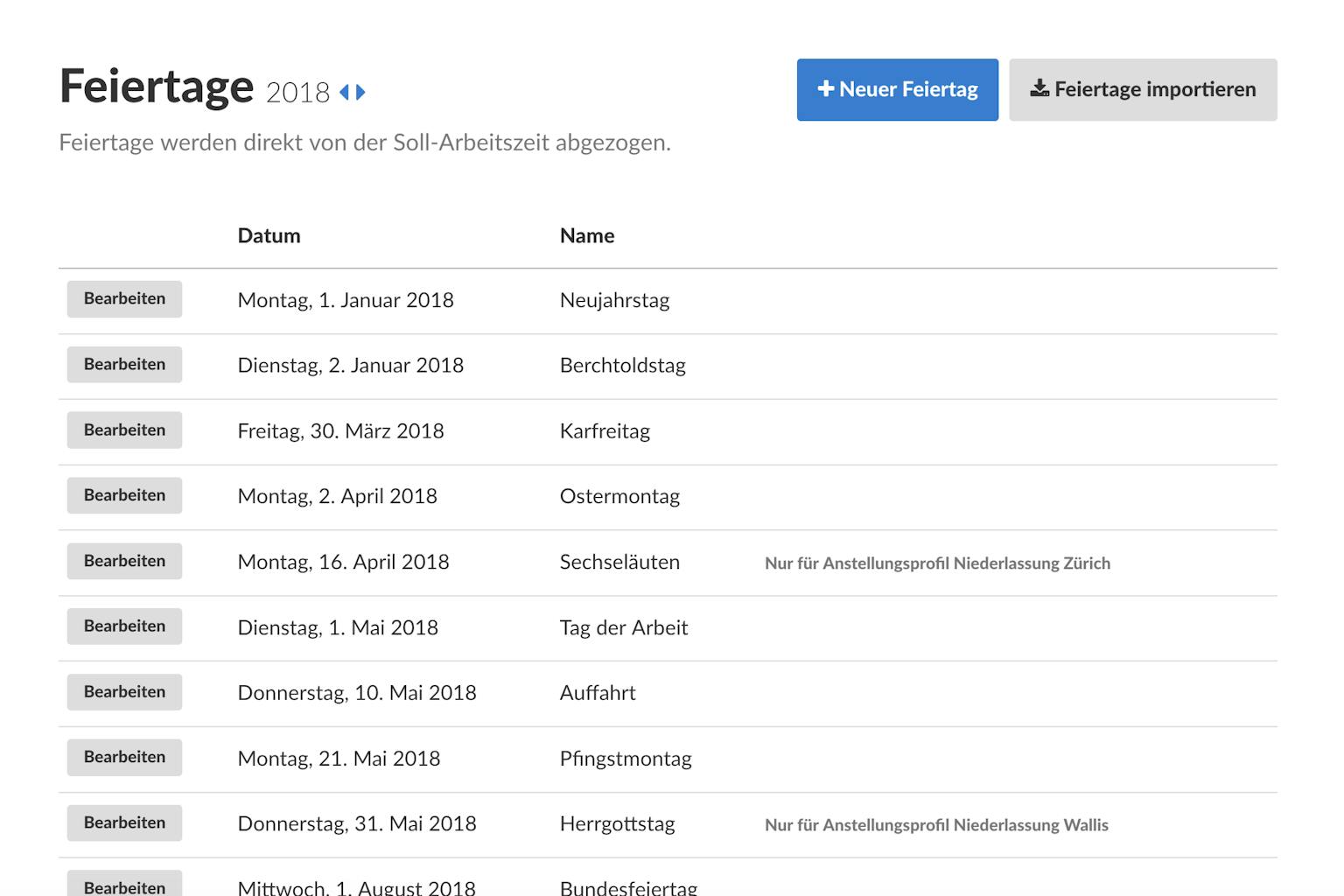 Feiertage lassen sich auf einzelne Anstellungsprofile begrenzen
