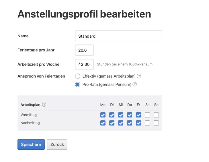 Der Feiertage-Anspruch kann pro Anstellungsprofil hinterlegt werden. Effektiv (kein Arbeitstag = kein Anspruch auf Feiertag, bisheriger Standard). Pro Rata (80% Pensum = 80% auf Feiertag, unabhängig vom Arbeitsplan)