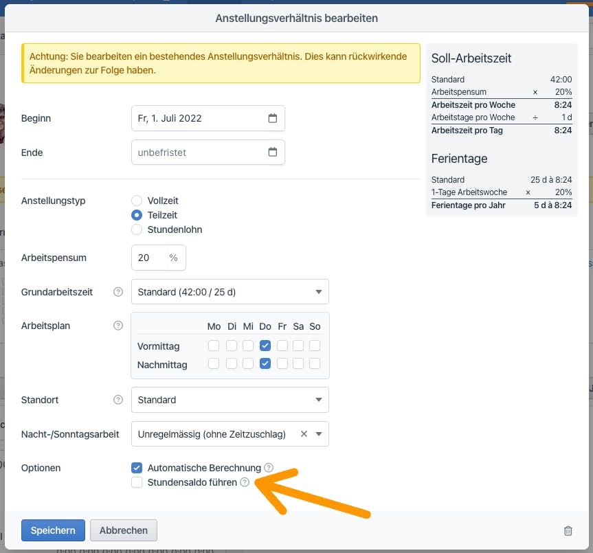 Pro Anstellungsverhältnis kann das standardmässige Führen des Stundensaldos deaktiviert werden.