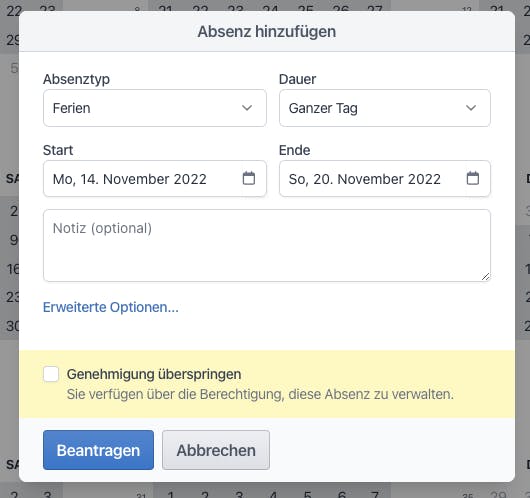 Eigene Absenzen können von Admins neu beantragt werden.
