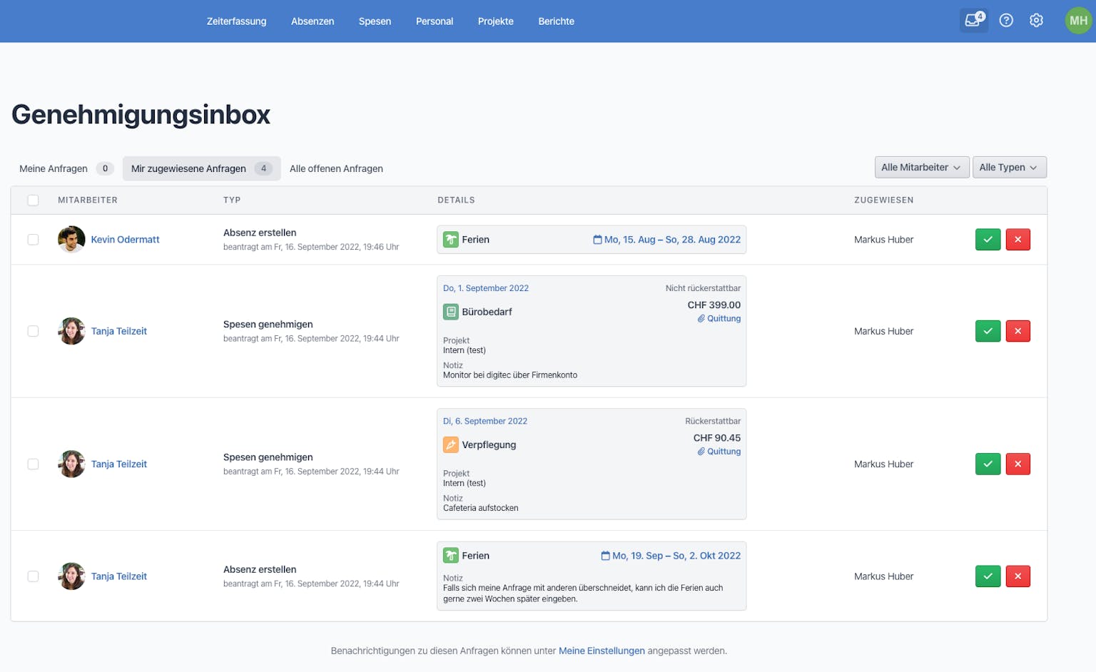 Die neue Genehmigungsinbox (zugänglich via 📥-Icon im Hauptmenü) gibt einen Überblick über persönliche, zugewiesene und alle offenen Anfragen.