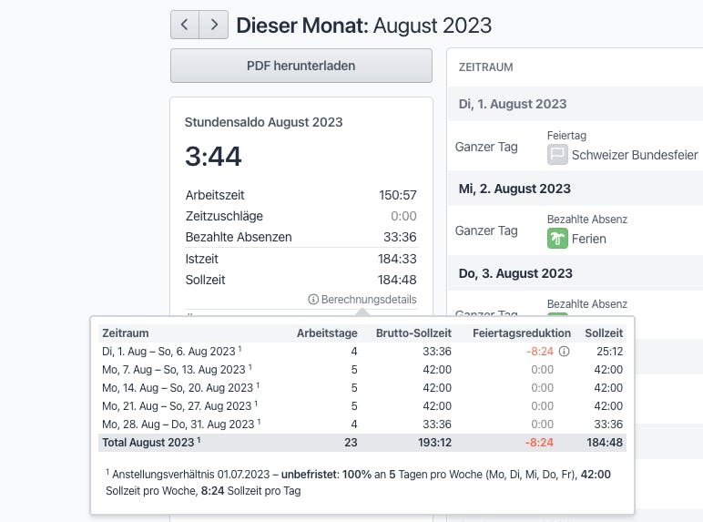 Die Berechnungsdetails zur Sollzeit listet detailliert auf, wie die Sollzeit zusammengesetzt ist.
